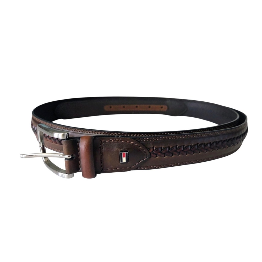 Tommy Hilfiger Belt Brown Leather‎ Logo Braided Silver Buckle NWOT Men's 54